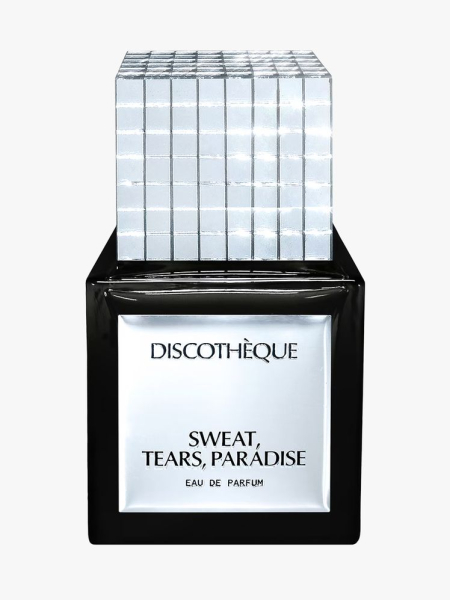 Discotheque Sweat, Tears, Paradise in branded component on a light gray background