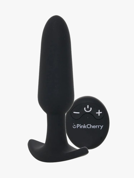 PinkCherry Remote Control Vibrating Butt Plug in branded component on a light gray background